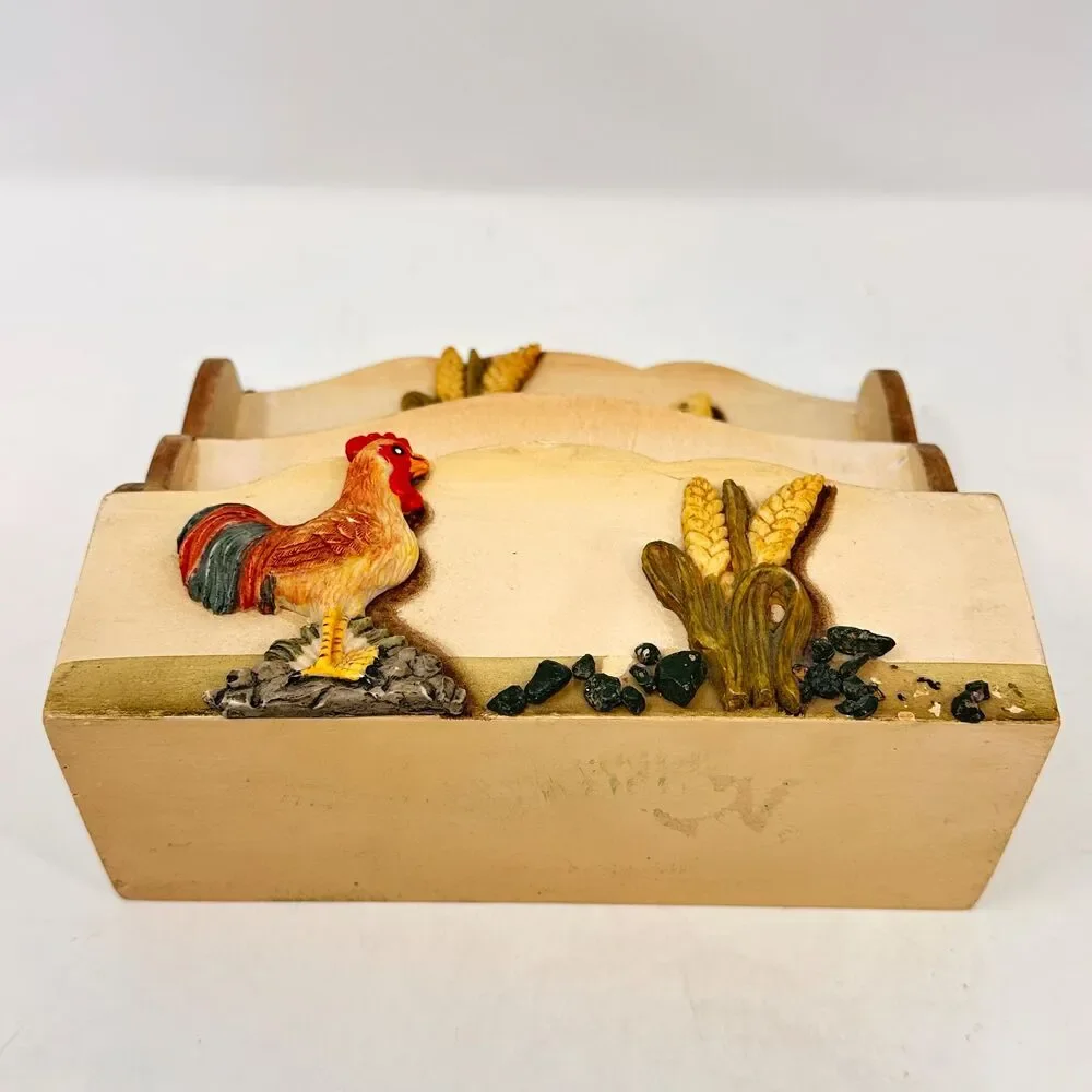Vintage Wooden Rooster Mail Sorter Farmhouse 2 Tier Letter Holder Desk Organizer
